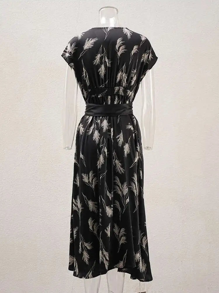 Women Beige Striped Printed Belted Elegant Midi Dress New V-Neck Sleeveless Fashion Tide Spring Summer 2025 CPG1504