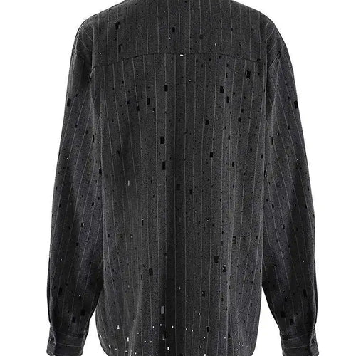 Load image into Gallery viewer, Women Dark Gray Striped Big Size Rhinestones Blouse New Lapel Long Sleeve Shirt Fashion Tide Spring Autumn 2025 CPG2428
