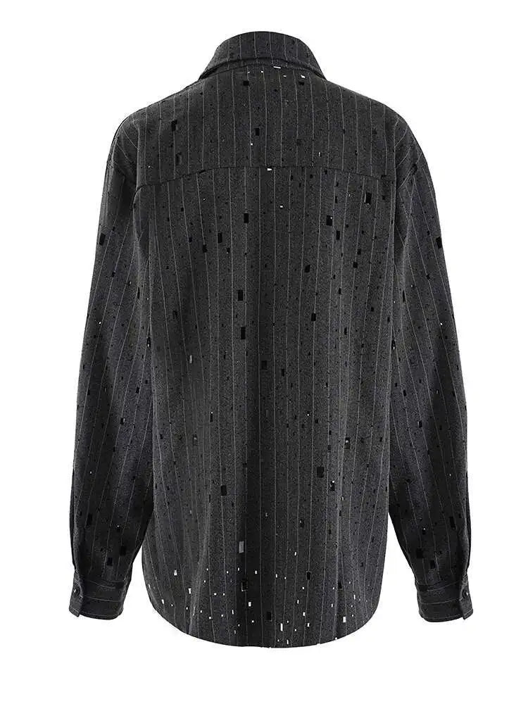Women Dark Gray Striped Big Size Rhinestones Blouse New Lapel Long Sleeve Shirt Fashion Tide Spring Autumn 2025 CPG2428