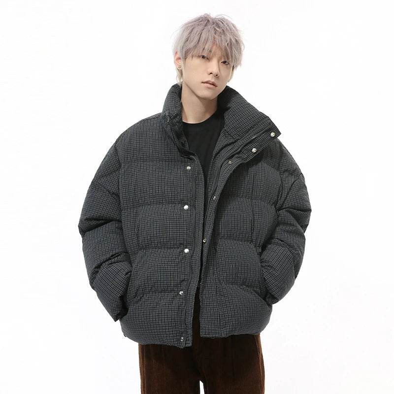 American Style Men's Cotton Coats Stand Collar Plaid Drawstring Casual Tops Thick Vintage Loose Male Padded Jackets 9C9340