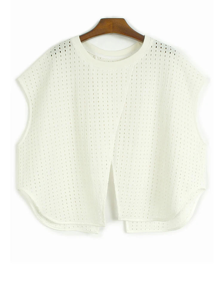 Black Hollow Hollow Out T-shirt Skirt Two Pieces Suit New Round Neck Short Sleeve Women Fashion Spring Summer 2025 1DJ1435