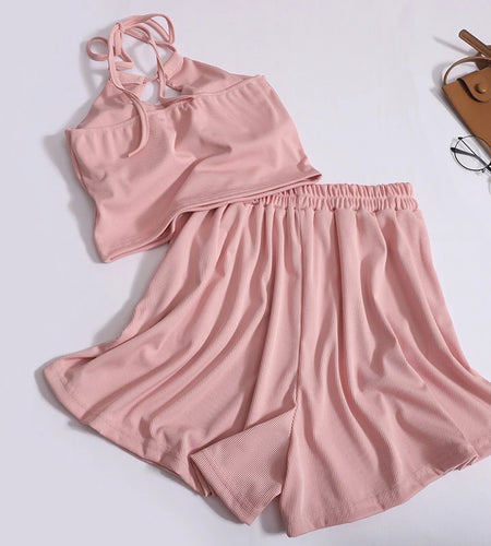 Korean Version Women Casual Two Piece Set Summer Solid Backless Halter Lace-up Tops And High Waist Wide Leg Pleated Shorts Suits