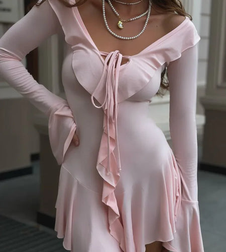 Sexy Bodycon Ruffled High Elasticity Skirt For Women Elegant Lace Up Pleated Long Sleeved Autumn Winter New 2024 Vestido