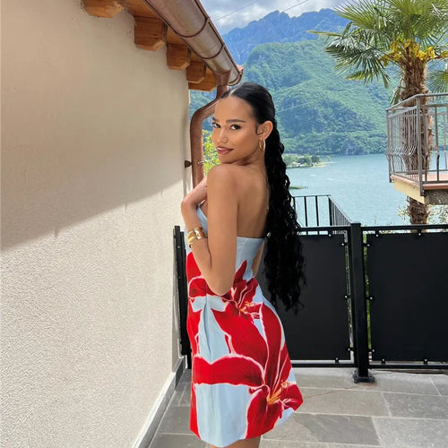 Load image into Gallery viewer, Strapless Backless Print Dress For Women Fashion Patchwork Off-shoulder Sleeveless Bodycon Club Party Print Mini Dress
