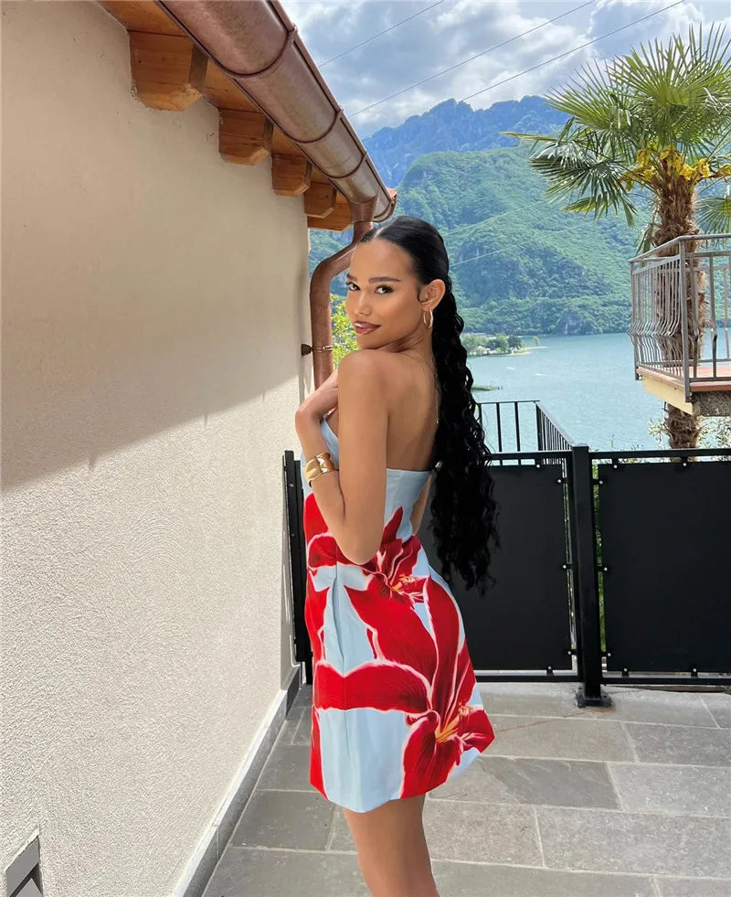 Strapless Backless Print Dress For Women Fashion Patchwork Off-shoulder Sleeveless Bodycon Club Party Print Mini Dress