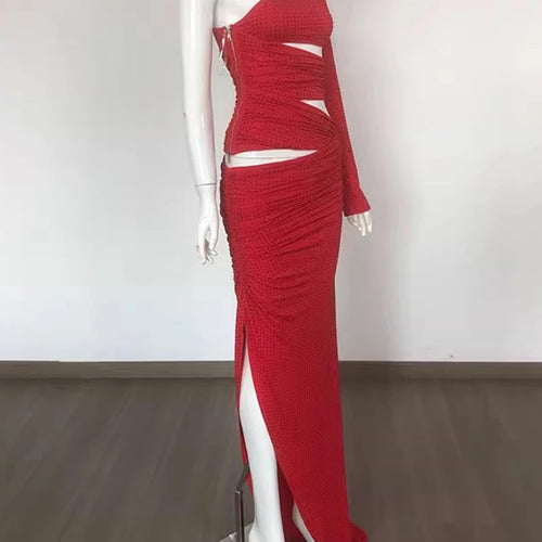 Load image into Gallery viewer, Solid Hollow Out Slimming Dresses For Women Diagonal Collar Long Sleeve High Waist Temperament Dress Female Fashion
