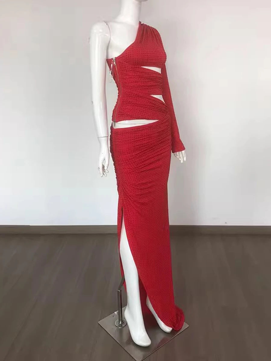 Solid Hollow Out Slimming Dresses For Women Diagonal Collar Long Sleeve High Waist Temperament Dress Female Fashion
