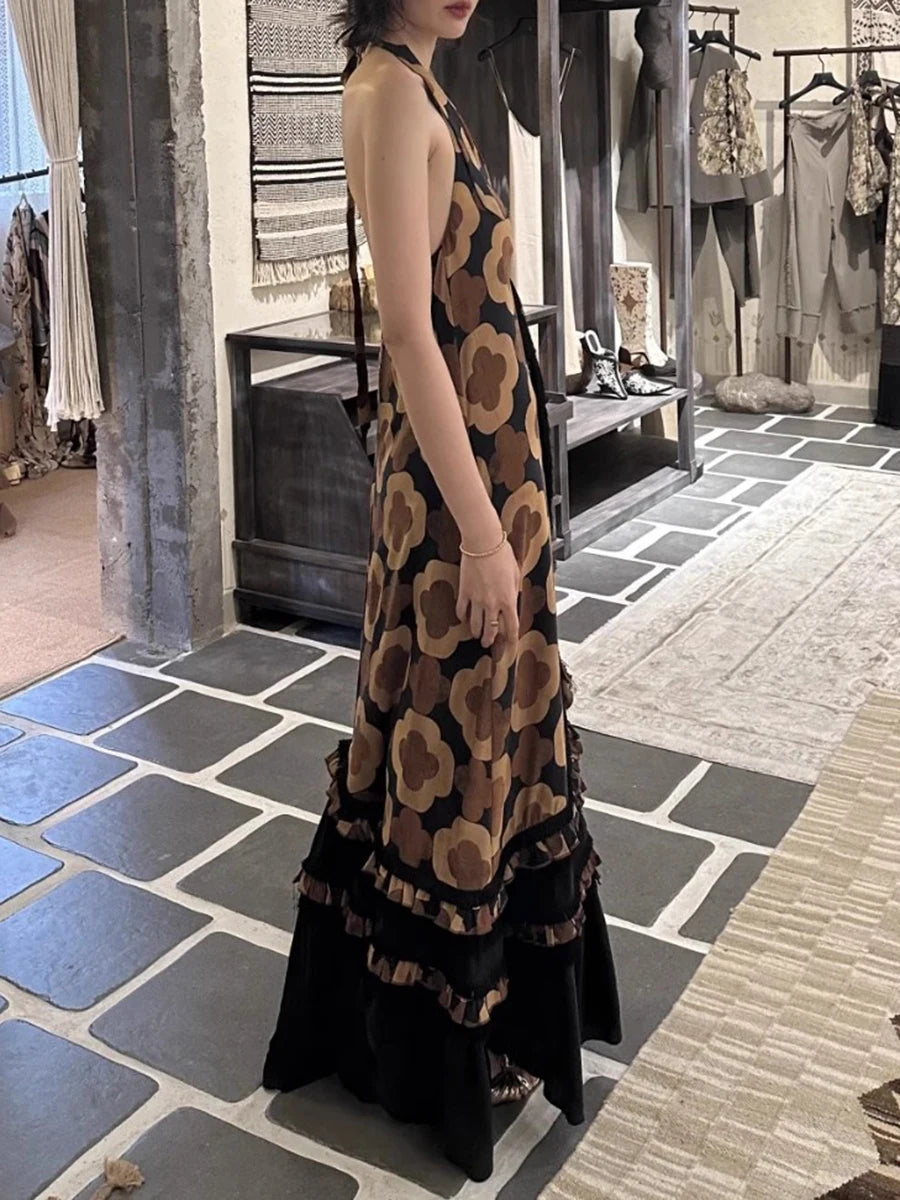 Loose Printing Casual Long Dresses for Women Halter Sleeveless Patchwork Ruffles Folds Dress Female Clothing New