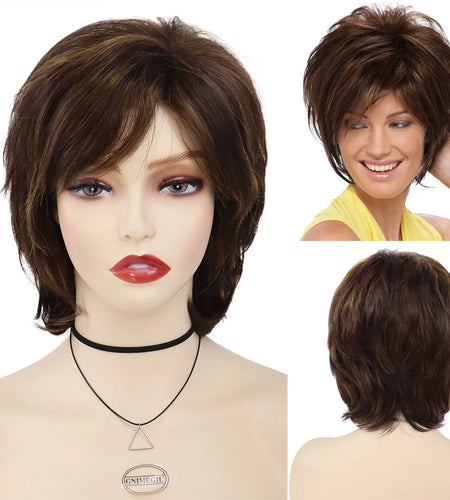 Synthetic Hair Woman Wig Short Natural Wig with Bangs Mix Brown Wig Old Lady Costume Mommy Wigs for Daily Halloween