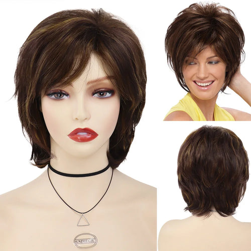 Load image into Gallery viewer, Synthetic Hair Woman Wig Short Natural Wig with Bangs Mix Brown Wig Old Lady Costume Mommy Wigs for Daily Halloween
