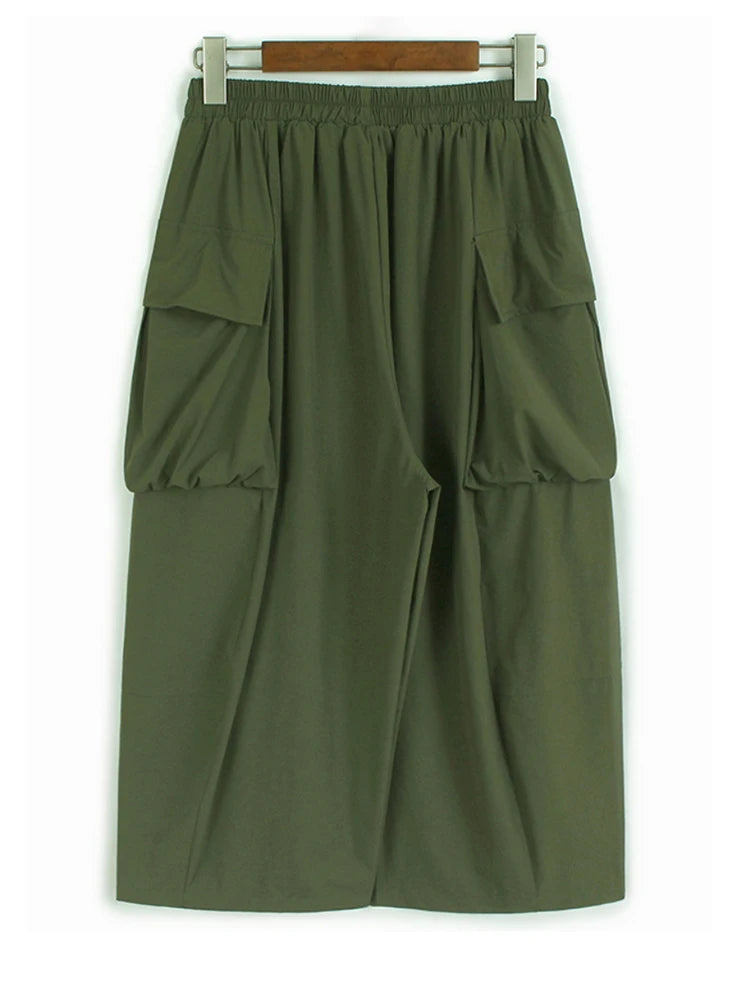 High Elastic Waist Green Pockets Spliced Long Wide Leg Pants New Trousers Women Fashion Tide Spring Autumn 2025 1DJ1321