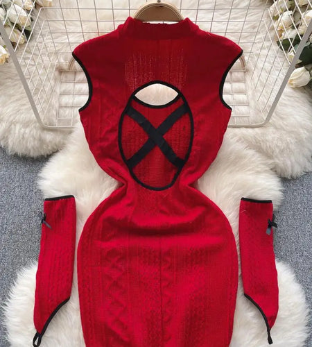 Christmas Atmosphere Sweet Party Sexy Club Women Wrapped Hip Short Dress Spring Summer Red Patchwork Hollow Out Bow Short Dress