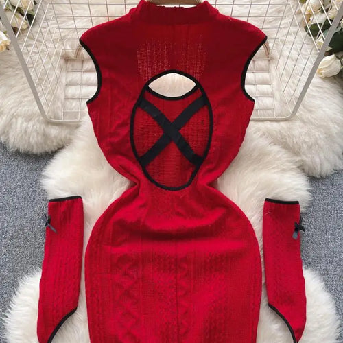 Load image into Gallery viewer, Christmas Atmosphere Sweet Party Sexy Club Women Wrapped Hip Short Dress Spring Summer Red Patchwork Hollow Out Bow Short Dress
