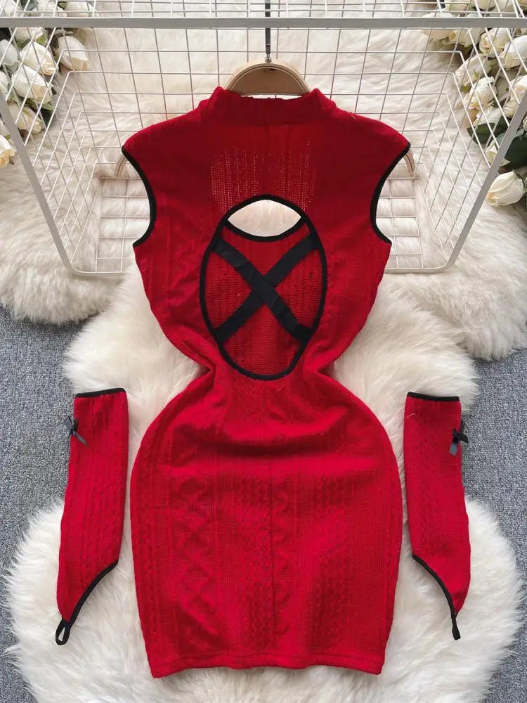 Christmas Atmosphere Sweet Party Sexy Club Women Wrapped Hip Short Dress Spring Summer Red Patchwork Hollow Out Bow Short Dress