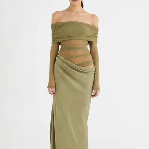 Load image into Gallery viewer, Elegant Mesh Patchwork One Shoulder Dress For Women 2025 New Women Sexy Mesh Perspective Long Dress Party Evening Dress
