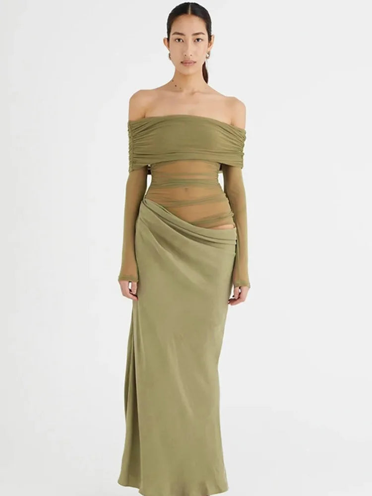 Elegant Mesh Patchwork One Shoulder Dress For Women 2025 New Women Sexy Mesh Perspective Long Dress Party Evening Dress