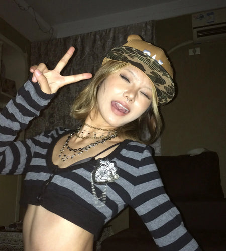 Trashy Y2k Crop Top Japanese 2000s Style Striped Long Sleeved T-shirt Vintage Harajuku High Street Tops American Retro