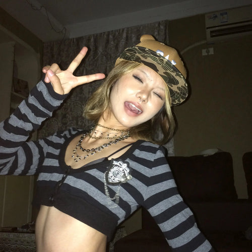 Trashy Y2k Crop Top Japanese 2000s Style Striped Long Sleeved T-shirt Vintage Harajuku High Street Tops American Retro