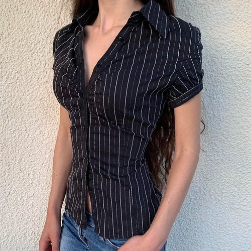 Load image into Gallery viewer, Fashion Chic Stripe Slim Summer Blouse Women Tops Short Sleeve Buttons-Up Shirt Cardigan Y2K Aesthetic Retro Outfits
