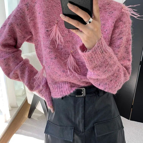 Load image into Gallery viewer, Solid Patchwork Feathers Diamonds Knitting Sweaters For Women Round Neck Long Sleeve Pullover Sweater Female
