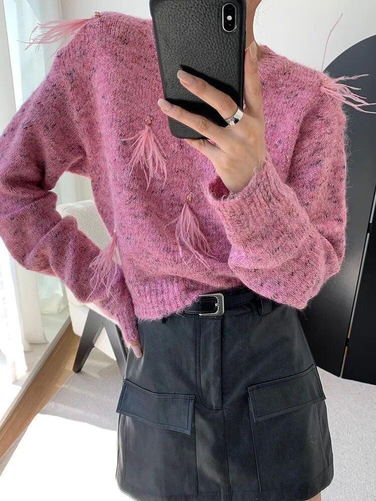 Solid Patchwork Feathers Diamonds Knitting Sweaters For Women Round Neck Long Sleeve Pullover Sweater Female