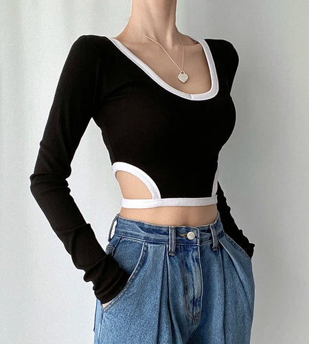 Casual Stripe Stitch Skinny Crop Top Autumn Tee Female Clothing Korean Fashion Cut out T shirt Basic All-Match Shirts