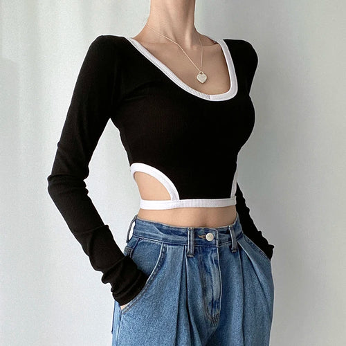 Load image into Gallery viewer, Casual Stripe Stitch Skinny Crop Top Autumn Tee Female Clothing Korean Fashion Cut out T shirt Basic All-Match Shirts
