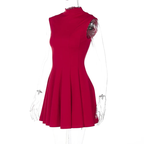 Load image into Gallery viewer, Half High Collar Sleeveless Sexy Mini Dress For Women Fashion Solid Red High Waist A-line Club Pleated Sexy Dress
