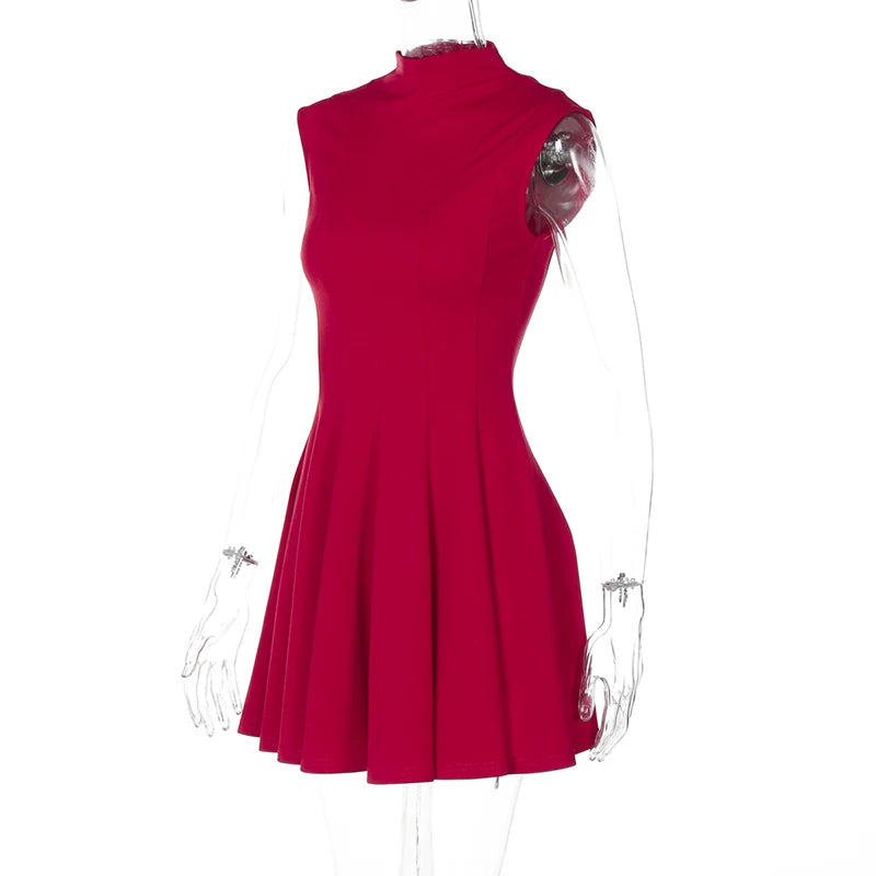 Half High Collar Sleeveless Sexy Mini Dress For Women Fashion Solid Red High Waist A-line Club Pleated Sexy Dress