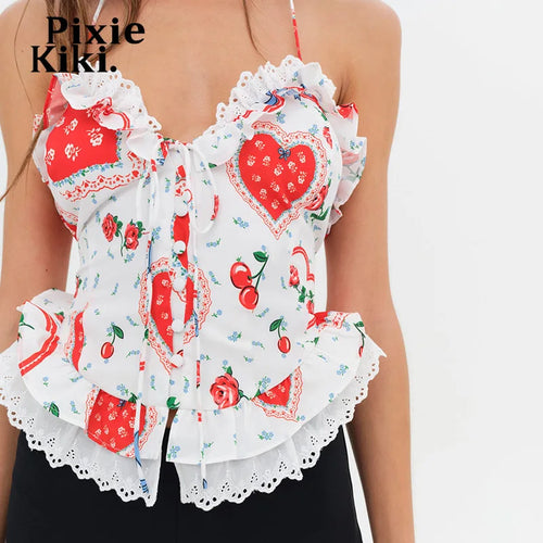 Load image into Gallery viewer, Cute Printed Lace Trim Cami Top 2024 Summer Clothing Women Backless Halter Tops Y2k Girls P85-DG13
