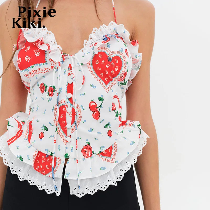 Cute Printed Lace Trim Cami Top 2024 Summer Clothing Women Backless Halter Tops Y2k Girls P85-DG13