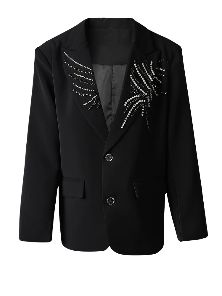Women Black Pearl Nailed Big Size Casual Blazer New Lapel Long Sleeve Jacket Fashion Tide Spring Autumn 2025 CPG3095