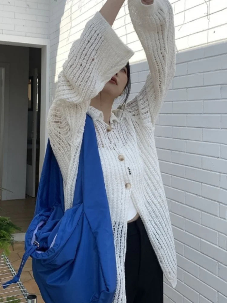 Y2k Aesthetic 2025 Spring Cardigan Femme Vintage Grunge Knitted  Harajuku Turn Down Collar Elegant Loose Women Sweaters