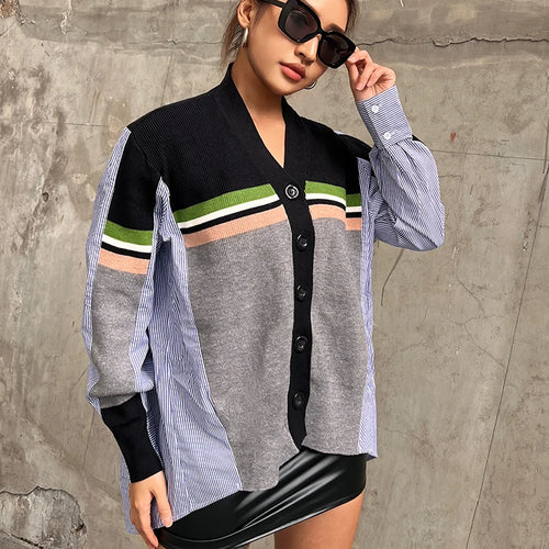 Load image into Gallery viewer, Loose Shirt For Women V Neck Long Sleeve Patchwork Striped Colorblock Casual Blouses Female Clothes Autumn
