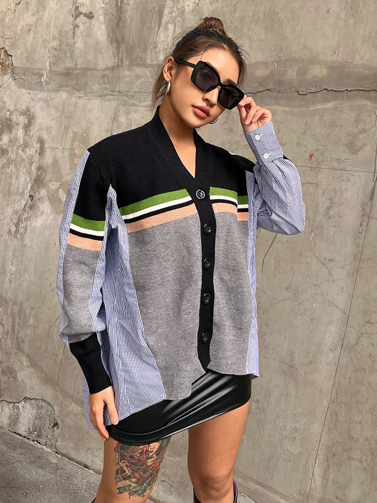 Loose Shirt For Women V Neck Long Sleeve Patchwork Striped Colorblock Casual Blouses Female Clothes Autumn