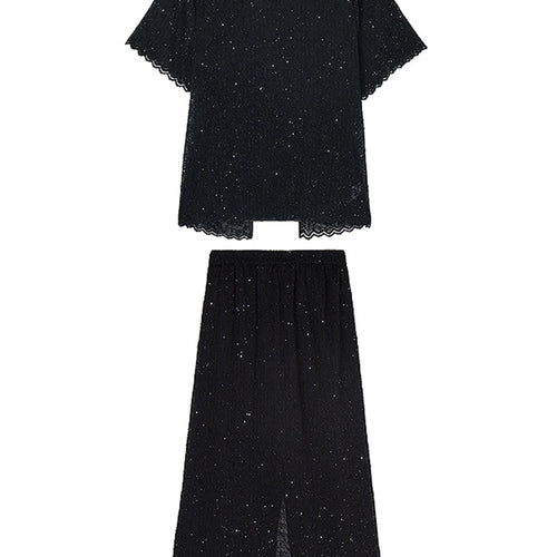 Load image into Gallery viewer, Black Lace T-shirt Back Slit Skirt Two Pieces Suit New Round Neck Short Sleeve Women Fashion Spring Summer 2025 1DJ1159

