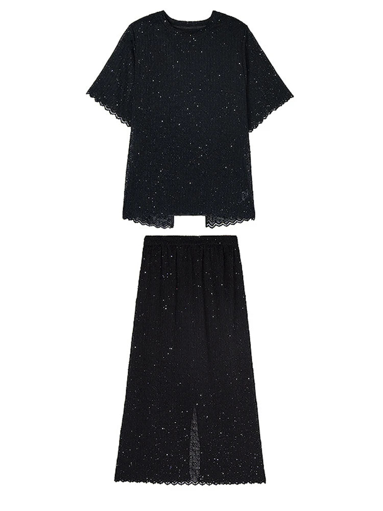 Black Lace T-shirt Back Slit Skirt Two Pieces Suit New Round Neck Short Sleeve Women Fashion Spring Summer 2025 1DJ1159
