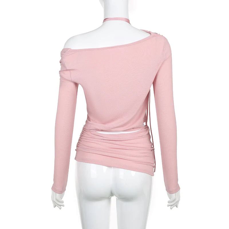 Pink Sweet Chic Female T-shirt Swinging Collar Tie Up Autumn Tee Shirt Slim Coquette Clothes Fashion Top Off Shoulder