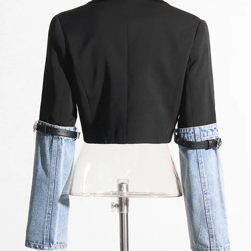 Load image into Gallery viewer, Hit Color Patchwork Denim Casual Jacket For Women Notched Collar Long Sleeve Spliced Belt Short Slimming Coat Female Style
