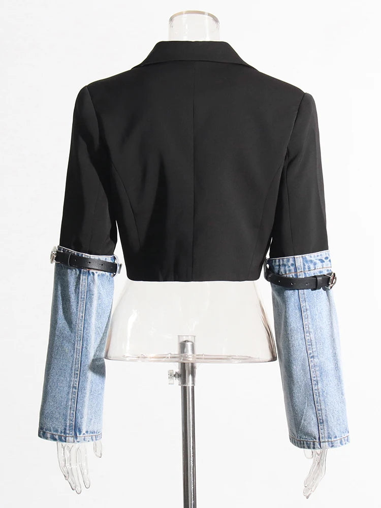 Hit Color Patchwork Denim Casual Jacket For Women Notched Collar Long Sleeve Spliced Belt Short Slimming Coat Female Style