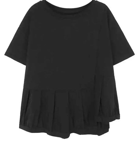 Women Green Irregular Pleated Big Size Casual  T-shirt New Round Neck Short Sleeve Fashion Tide Spring Summer 2025 1DH5855