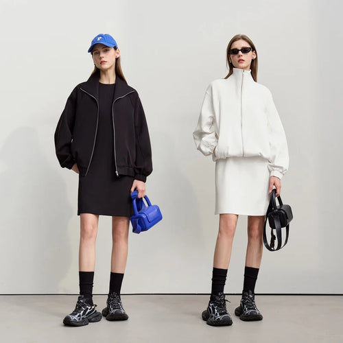 Women's Jackets 2026 Spring New Stand-up Collar Zipper Cotton Knitted Jacket Women's Loose Shoulder Sleeve Top 12641079