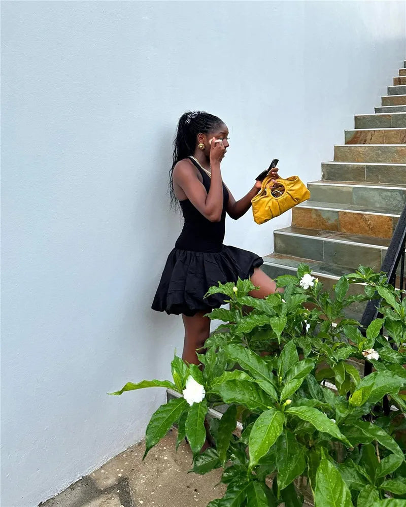 Black Sleeveless Puffy Dress For Women Fashion Round Neck High Waist Backless A-line Loose Sexy Dress Clothes