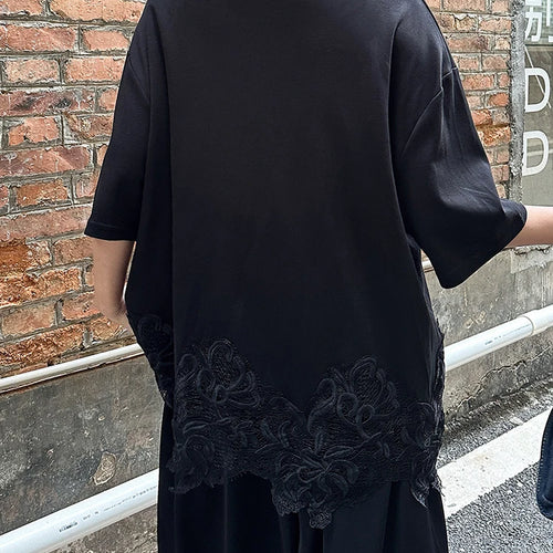 Load image into Gallery viewer, Women Black Hem Lace Spliced Big Size Casual T-shirt New Round Neck Half Sleeve Fashion Tide Spring Summer 2025 1DJ0895
