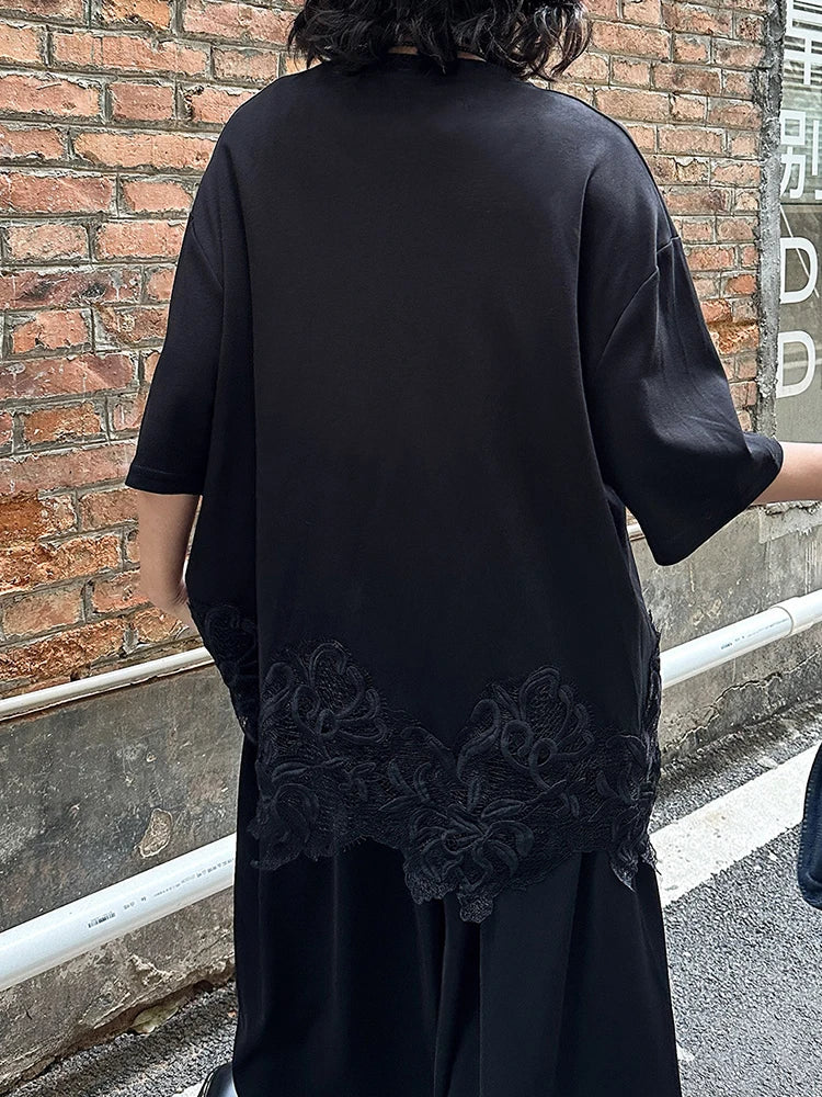 Women Black Hem Lace Spliced Big Size Casual T-shirt New Round Neck Half Sleeve Fashion Tide Spring Summer 2025 1DJ0895