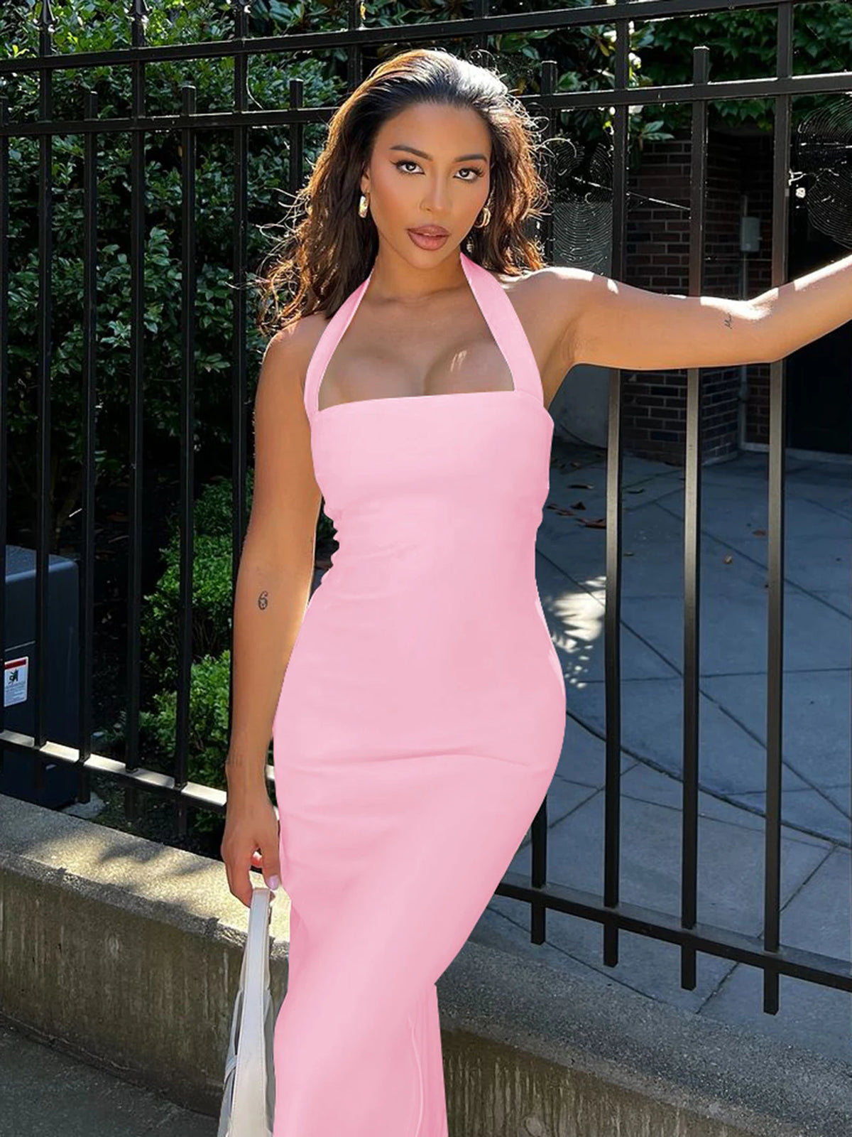 Elegant Halter Solid Backless Sexy Bodycon Maxi Prom Dress Summer Women Y2K Clothes Wedding Birthday Party Wholesale