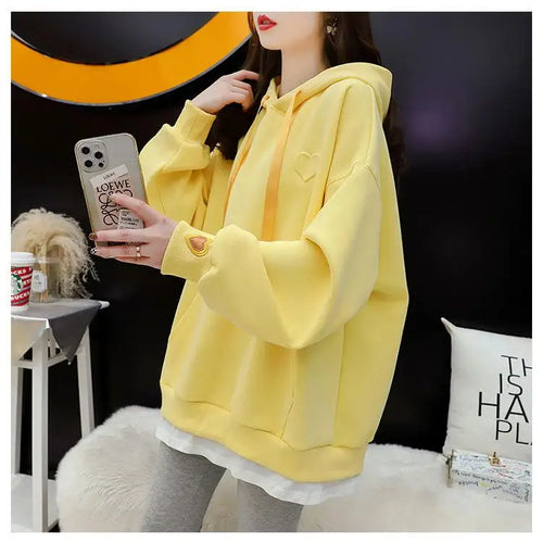 Load image into Gallery viewer, Heart Embroidery Hooded Pockets Sweatshirt Women Long Sleeve Tops Korean Office Loose Autumn Oversize Pullover Hoodie Ladies
