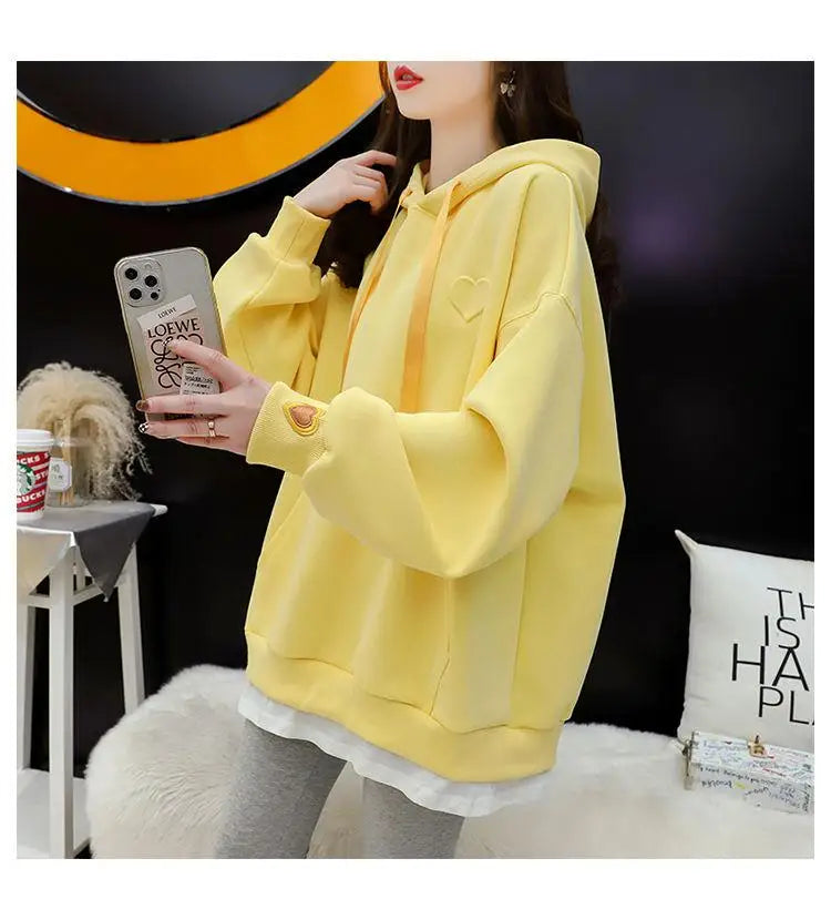 Heart Embroidery Hooded Pockets Sweatshirt Women Long Sleeve Tops Korean Office Loose Autumn Oversize Pullover Hoodie Ladies