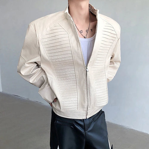 Load image into Gallery viewer, Niche Style Men&#39;s Jackets PU Leather Shoulder Padded Wrinkle Short Coats Stand Collar Zippers Male Clothing Stylish 9C6668
