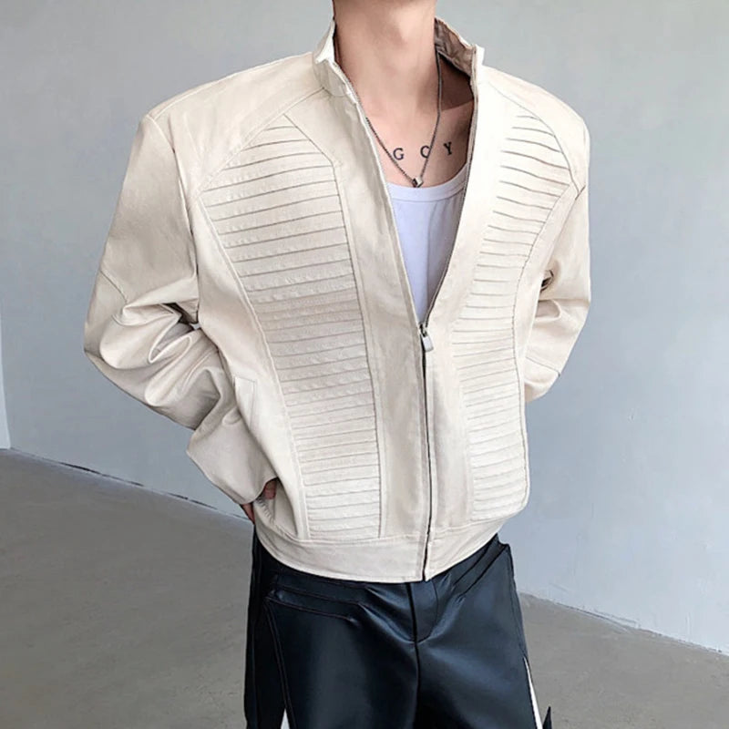 Niche Style Men's Jackets PU Leather Shoulder Padded Wrinkle Short Coats Stand Collar Zippers Male Clothing Stylish 9C6668